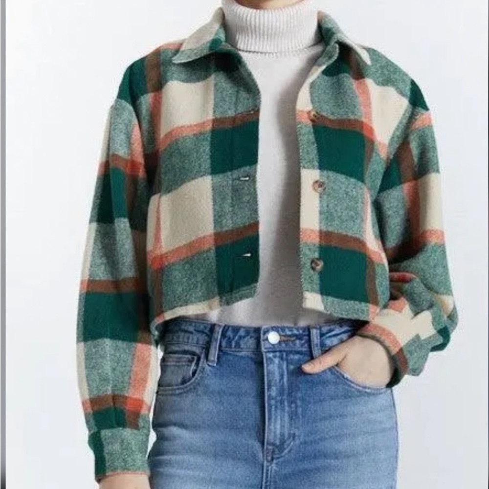 NWT OAT NY Rust Orange/Dark Green Cropped Plaid Jacket Large